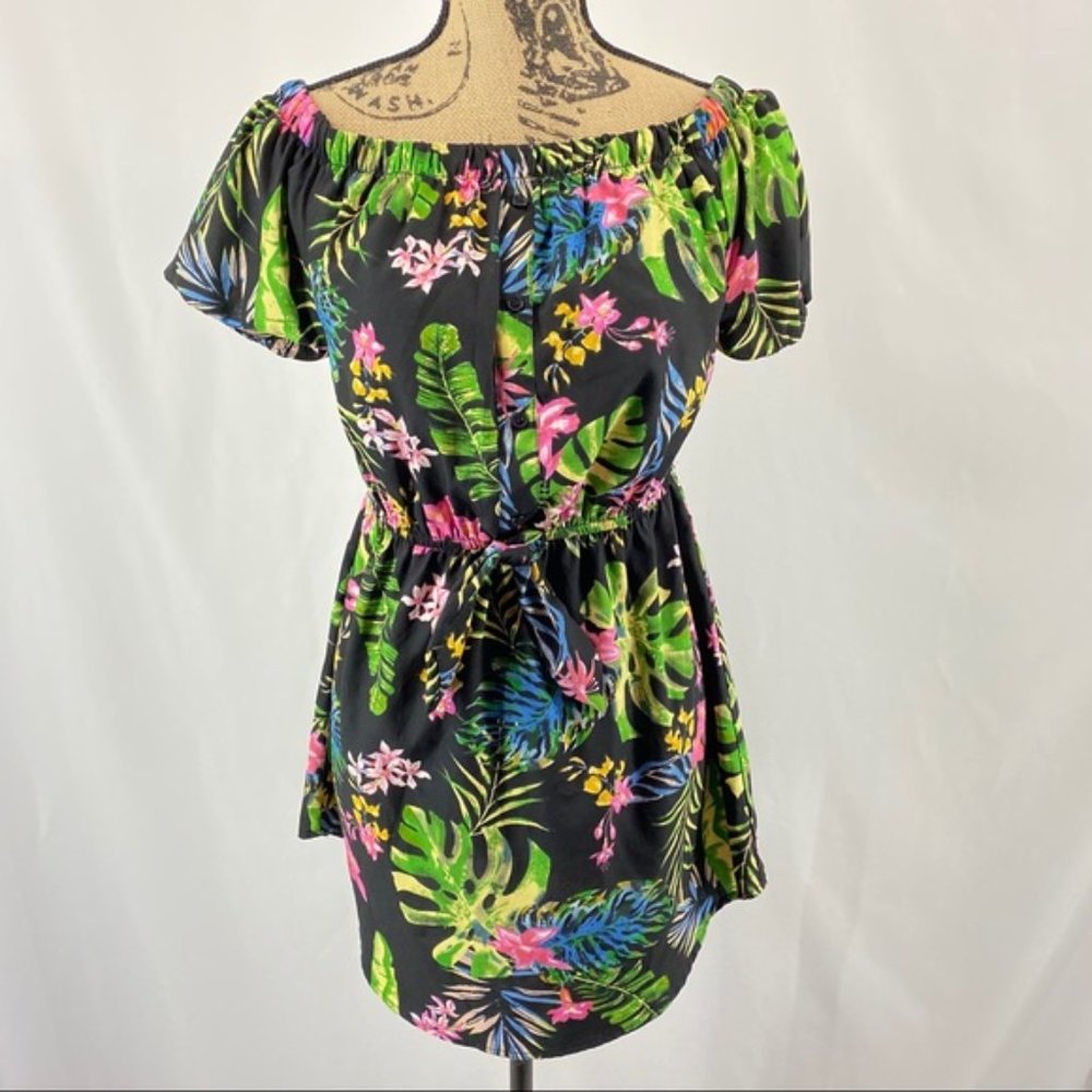 Indulge Tropical Palm Off Shoulder Mini Dress